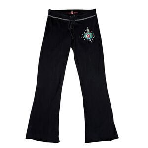 Twisted Heart Y2k Embroidered Black Flare Wide Leg Lounge Pants Medium